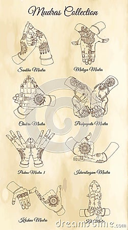 Hand drawn collection with mudras on two hands on textured background Vector Illustration