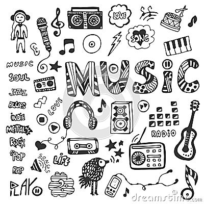 Hand-drawn collection with music doodles. Music icons set. Vector illustration. Vector Illustration