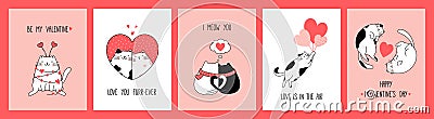 Hand drawn collection romantic greeting cards and posters with funny cute cats for Valentine's Day Vector Illustration