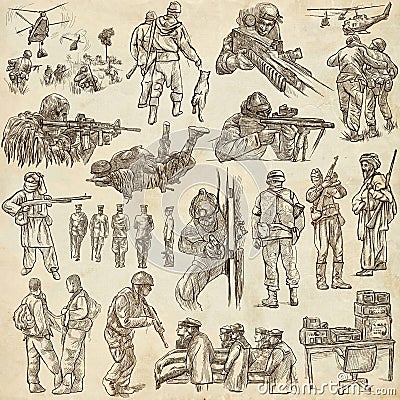 Soldiers, Army - An hand drawn collection. Warriors on old paper Stock Photo