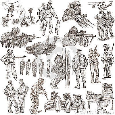 Soldiers, Army - An hand drawn collection. Warriors on white, is Stock Photo