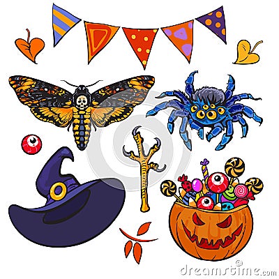 Cartoon Halloween set. Hand drawn collection of witch craft deaths head hawk moth, spider, witch hat, eyeball, pumpkin Vector Illustration