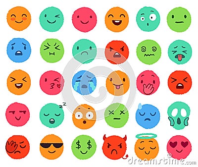 Hand drawn color emoji. Colorful doodle faces, happy emoticon and smiling round face vector set. Cute social media Vector Illustration