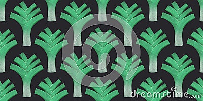 Hand drawn color leek seamless pattern. Organic fresh vegetable illustration isolated on dark background. Retro vegetable Cartoon Illustration