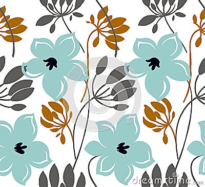 Hand drawn color vector seamless pattern. Abstract flowers with leaves, sketch drawing. Scandinavian style cartoon floral texture. Vector Illustration