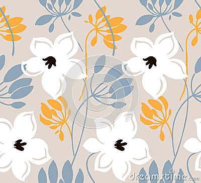 Hand drawn color vector seamless pattern. Abstract flowers with leaves, sketch drawing. Scandinavian style cartoon floral texture. Vector Illustration
