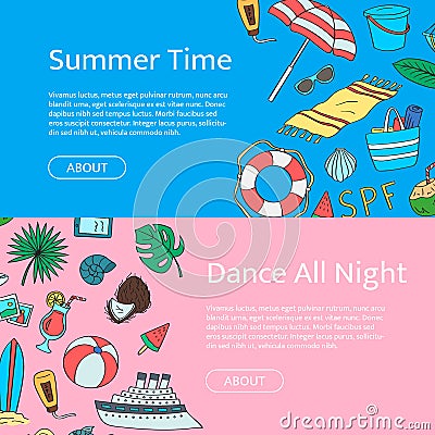 Hand drawn colored beach objects horizontal web banners. Vector summer travel doodle elements illustration with place Vector Illustration