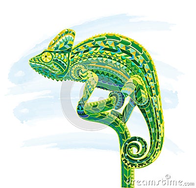 Hand drawn colored doodle outline chameleon illustration. Decorative in zentangle style. Patterned fiery on the grunge Vector Illustration