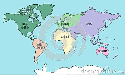 Hand drawn colored doodle World map with continents. North and South America, Europe, Asia, Australia, Africa. Vector Illustration