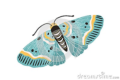Hand drawn colored elegant flying moth. Gorgeous and beautiful butterfly with pastel wings and antennae isolated on Cartoon Illustration