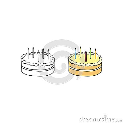 Hand drawn colored and outline birthday cake. Vector Illustration