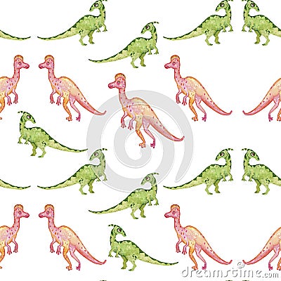 hand-drawn colored seamless repeating children pattern with cute dinosaurs, rainbow in Scandinavian style on a white Stock Photo