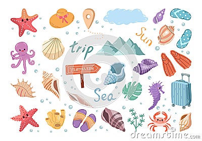 Hand-drawn colored sketch set of travel icons. Tourism and camping adventure icons. lipart with travelling elements, marine life Vector Illustration