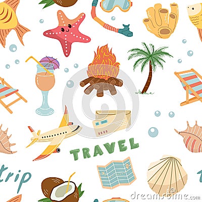 Hand-drawn colored travel seamless pattern. Tourism and camping adventure. Ð¡lipart with travelling elements Vector Illustration