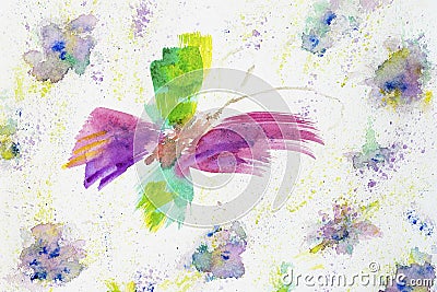 Hand drawn colorful abstract cheerful butterfly and flowers on white paper, spring and summer shades. Abstract Stock Photo