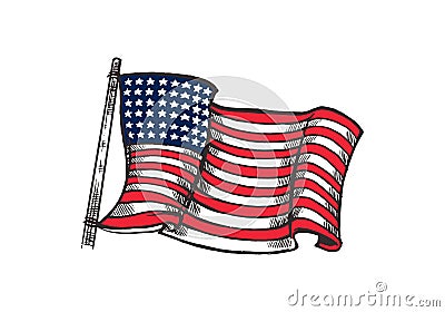 Hand drawn colorful American flag illustration isolated on white background. American flag element for emblem, logo, background, Vector Illustration