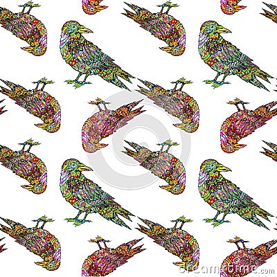 Hand drawn colorful birds seamless pattern in zentangle style. Crown ornamental silhouette. Hippie ornamental pattern Vector Illustration