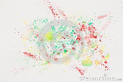 Hand drawn colorful cheerful splash spray on white paper, spring and summer shades. Abstract watercolor, paper grain Stock Photo