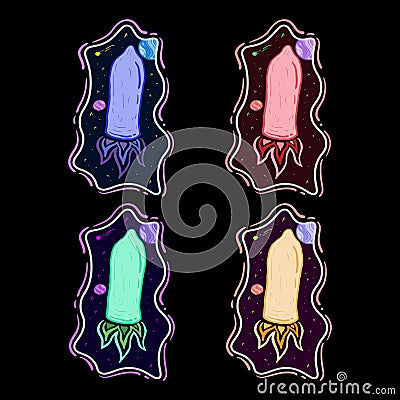 Hand drawn colorful condom rocket collection, premium vector Vector Illustration