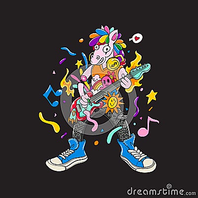 Hand Drawn Colorful Doodle-The Guitarist Unicorn Vector Illustration