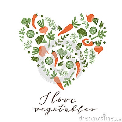 Hand drawn colorful doodle vegetables in the shape of a heart. Vegetable love vector background. Vector Illustration