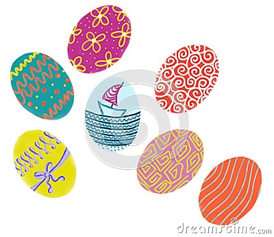 Hand drawn colorful Easter eggs on white background Cartoon Illustration