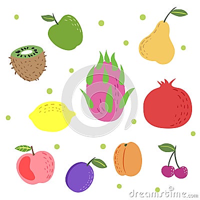 Hand drawn colorful exotic fruit set. Doodle childish style. Apple, kiwi, dragon fruit, pomegranate, apricot, cherry, plum. Organi Vector Illustration