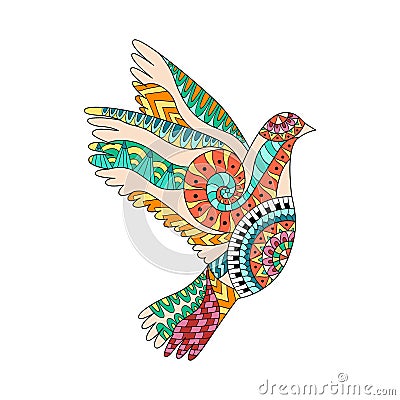 Hand drawn colorful flying dove in zentangle style. Vector Illustration