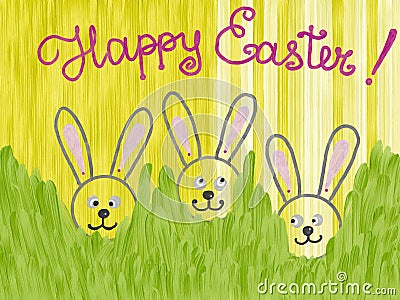 Hand drawn colorful isolated bunnies hiding in grass and lettering Happy Easter set on yellow background Cartoon Illustration