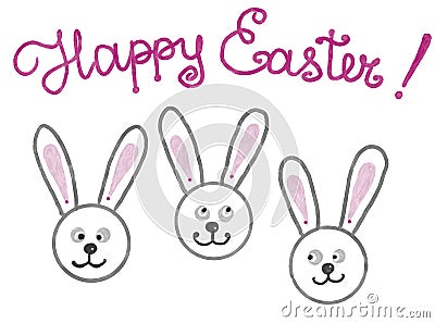 Hand drawn colorful isolated bunnies and lettering Happy Easter. Isolated illustration painted by oil Cartoon Illustration