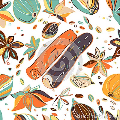 Hand drawn colorful seamless pattern with cinnamon, cardamom, Stock Photo