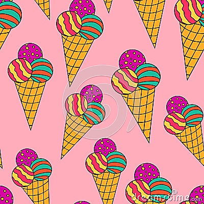 Hand drawn colorful seamless pattern with ice cream with three balls in the waffle cup Vector Illustration