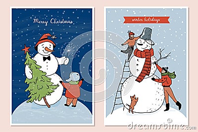 Hand-drawn colorful set of doodle postcards with kids. Family weekend in nature, making a big snowman outside, child hugging a Vector Illustration