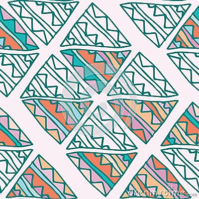 Hand drawn colorful triangle seamless pattern with green, pink, blue, orange details. Doodle triangles on beige. Vector Illustration