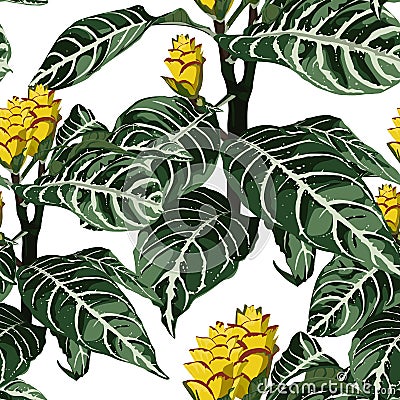 Hand drawn colorful tropical blooming exotic flowers, botanical floral and leaves seamless pattern. Stock Photo