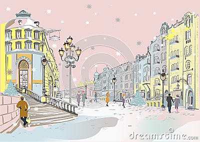 Hand drawn colorful vector Illustration of the romantic street with snowy buildings in winter. Vector Illustration