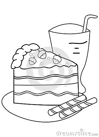 Hand drawn coloring page of a slice of cake and drink Stock Photo