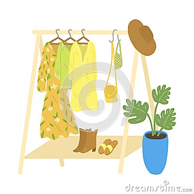 Rail and hangers for summer feminine stylish clothing, footwear and accessories Vector Illustration