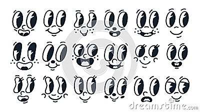 Hand drawn comic smiling faces with eyes and mouths. Doodle emoji mascots, retro mouths and eyes flat vector illustration Vector Illustration