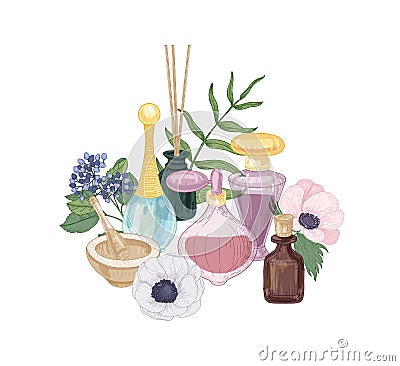 Hand drawn composition with aroma cosmetics, scented water and essential oil in glass bottles, mortar and pestle Vector Illustration