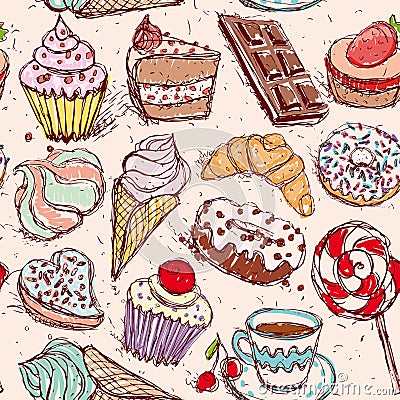 Hand drawn confectionery seamless pattern croissant Cupcake candy marshmallow ice cream cake donut and coffee. Vector Illustration