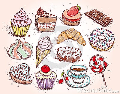 Hand drawn confectionery set croissant Cupcake candy marshmallow ice cream cake donut and coffee. Vector Illustration