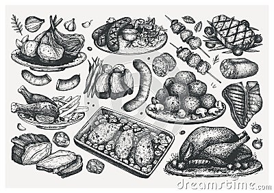 Hand drawn cooked meat dishes sketches set. Vector food illustration. Engraved style meat products, steaks, sausages. Meat Vector Illustration