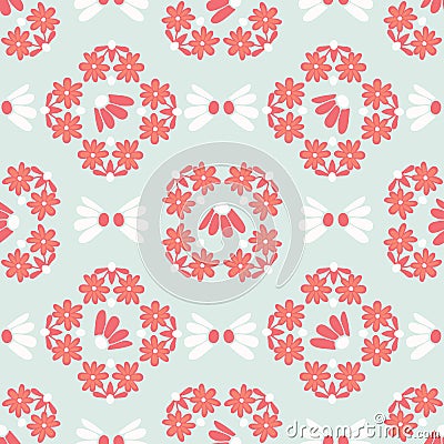 Hand drawn coral mint green spring daisy flower wreath Vector Illustration