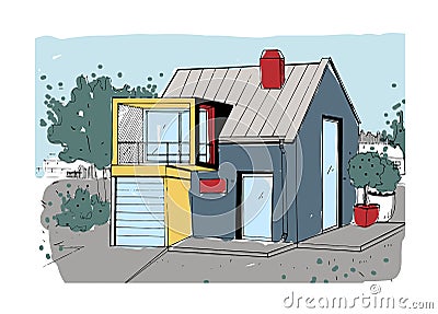 Hand drawn cottage. modern private residential house. colorful sketch illustration. Vector Illustration