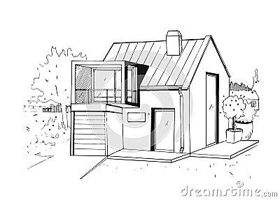 Hand drawn country house. modern private residential house. black and white sketch illustration. Vector Illustration