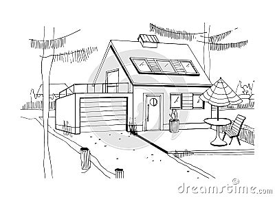 Hand drawn country house. modern private residential house with garage. black and white sketch illustration. Vector Illustration