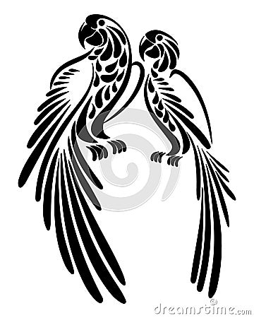 Hand drawn couple of parrots in love, black silhouette with ornament. Stencil, tattoo, illustration vector Vector Illustration