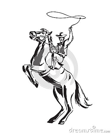 Hand drawn cowboy with lasso on rearing horse. Rodeo vector illustration. Black isolated on white background Vector Illustration