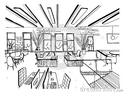 Hand drawn coworking cluster. Modern office interiors, open space. workspace with computers, laptops, lighting and place Vector Illustration